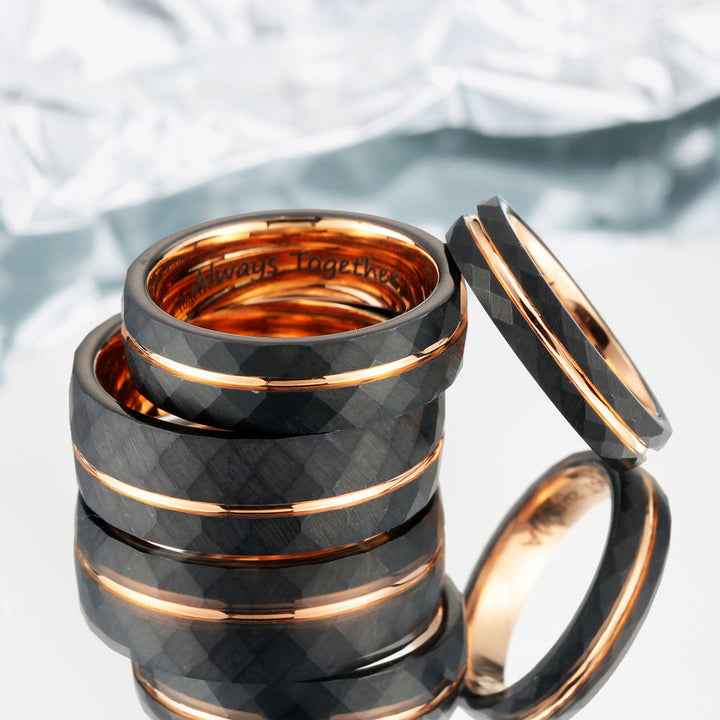 Gehämmerter Wolfram Ring Schwarz mit Gravur Innen 4mm/6mm/8mm - Remisia