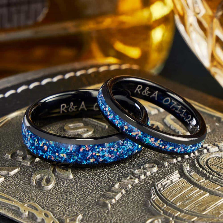 Blau Opal Wolfram Eheringe mit Gravur 4mm/6mm - Remisia