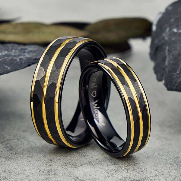 Schwarz Gold Gehämmerter Ehering aus Wolfram - Zenit
