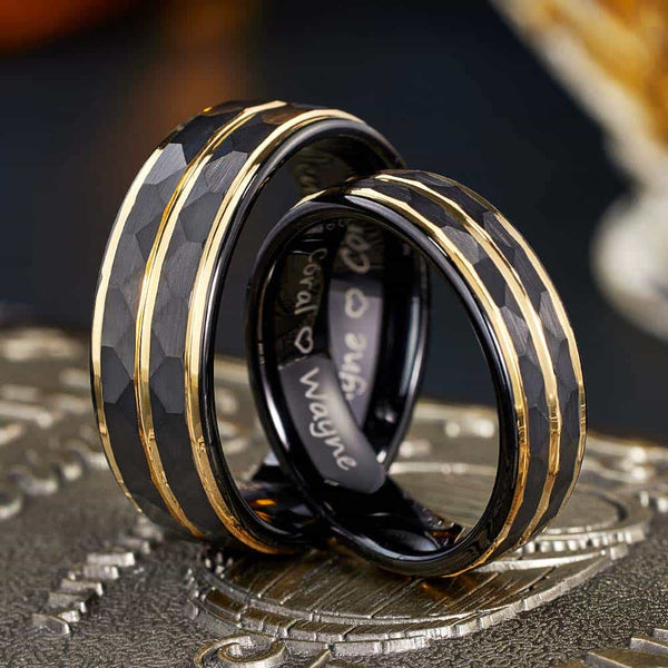 Gehämmerter Wolfram Ehering Schwarz Gold - Zenit