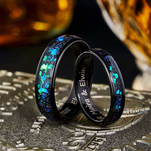 Grün Stein Wolfram Ehering Schwarz mit Gravur Innen 4mm/6mm - Remisia