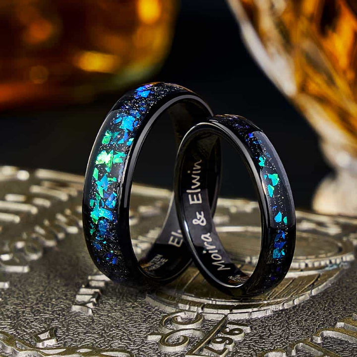 Grün Stein Wolfram Ehering Schwarz mit Gravur Innen 4mm/6mm - Remisia