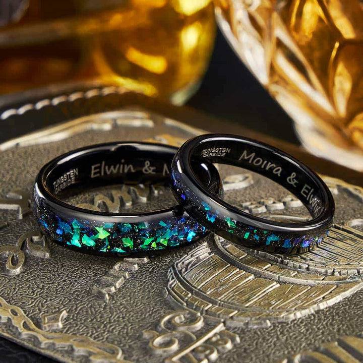 Grün Stein Wolfram Ehering Schwarz mit Gravur Innen 4mm/6mm - Remisia