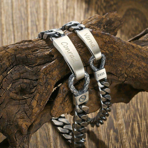 Oxidiertes Silber Partner Panzer Armband mit Gravur für Paare | Personalisierte pärchen Armband mit Gravur Silber 925