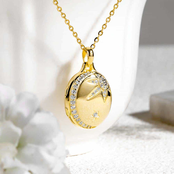 【Wasserdicht】Personalisierte Foto Medaillon Kette mit Bild - Sonne Mond Stern