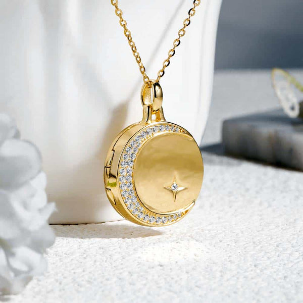 【Wasserdicht】Personalisierte Foto Medaillon Kette mit Bild - Mond Stern