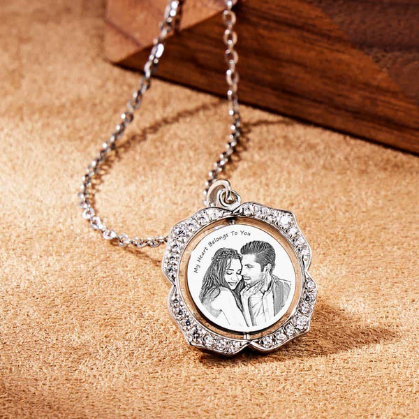 Zirkonia Drehbarer Kette mit Bild Gravur für Paare